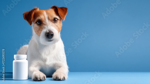 Jack russell terrier lying next to a white medicine bottle on a blue background looking forward