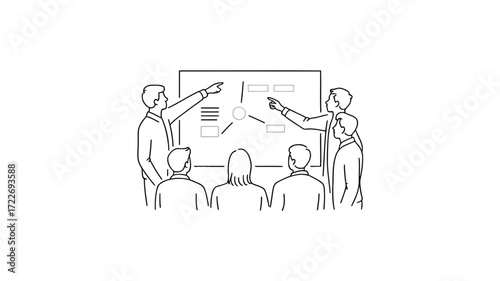 Business team brainstorming a strategy pointing ideas on a flowchart board with simple monochrome