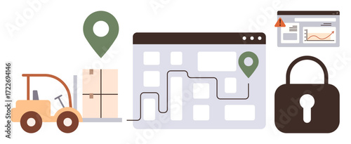 Forklift moving package, map with delivery route and location pins, padlock, and alert dashboard. Ideal for logistics, transportation, delivery, security, technology data tracking business