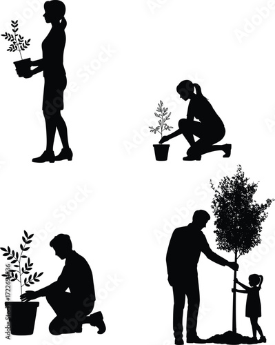 Tree planting silhouette, environmental care illustration, people nurturing trees, eco growth concept, family nature education, sustainability graphic, black silhouette artwork, ecology design