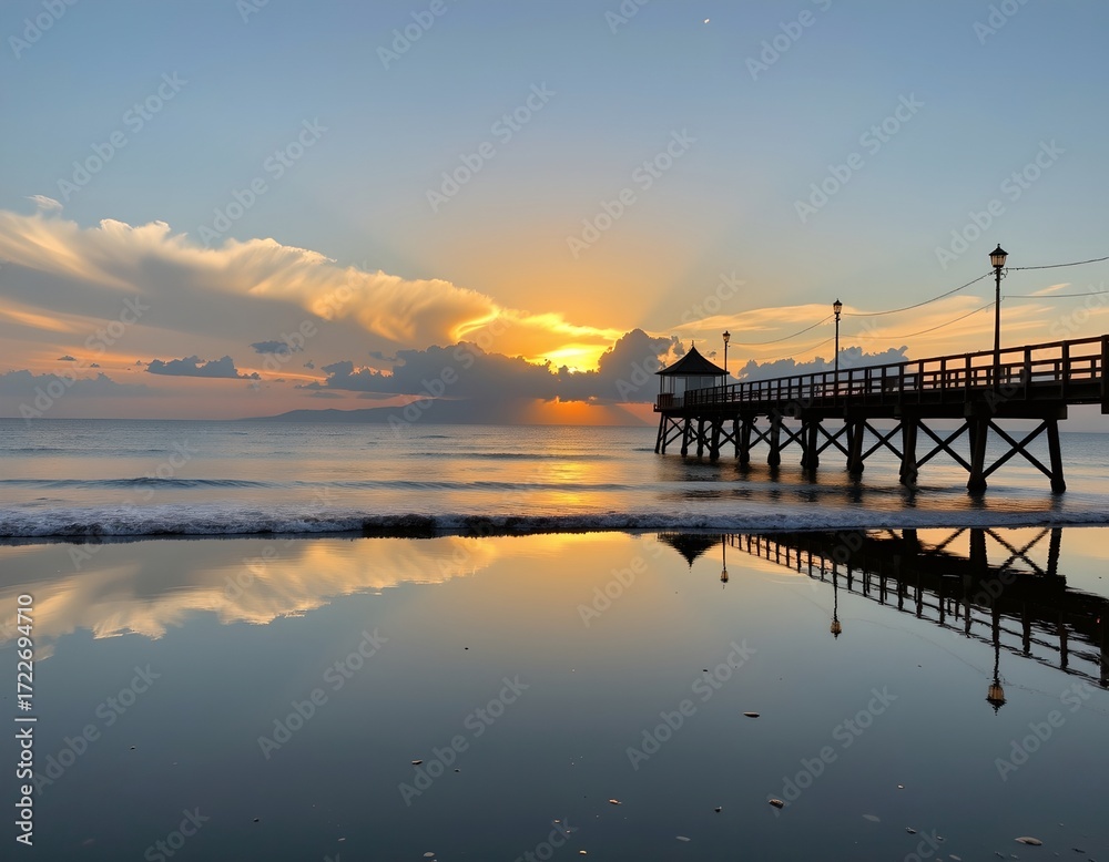 Fototapeta premium Sunset Reflection Over Calm Water with Wooden Pier