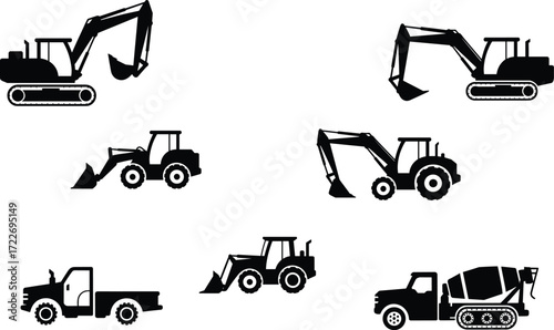 Construction vehicles silhouettes, excavator, front loader, backhoe, cement mixer, pickup truck, heavy machinery, building equipment, industrial design, construction site, engineering illustration