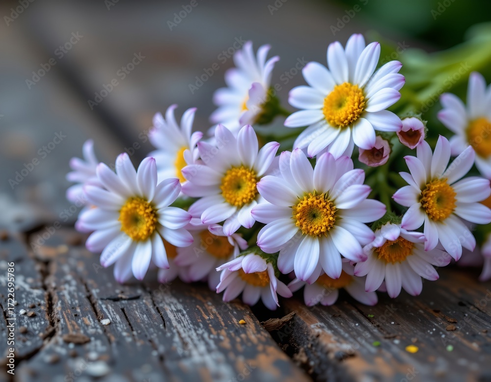 Obraz premium Delicate Daisies Rustic Wooden Surface During Spring