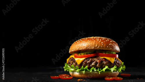 The cheese burger is melting. Fresh and delicious with onions and lettuce.Dark background