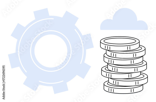Gear beside stack of coins symbolizes financial automation, productivity, and efficiency. Cloud element suggests digital transformation. Ideal for technology, finance, savings, economy, innovation