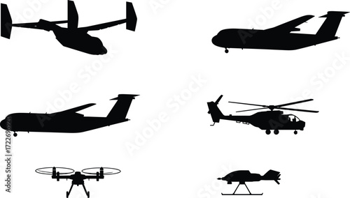 Aircraft silhouettes collection, tiltrotor plane, jet transport, military helicopter, UAV drone, aviation design, air travel, aerospace technology, flight concept, aviation illustration