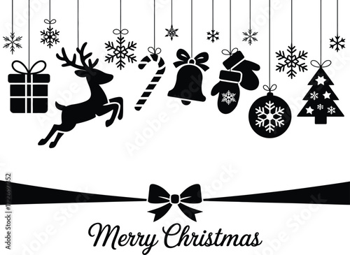 Festive black and white Christmas ornaments and decorations hang cheerfully for the holidays.