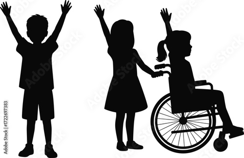 Children silhouettes, inclusivity illustration, kids with disability, wheelchair support, friendship, diversity artwork, unity, accessibility, childhood care, social awareness, equality design