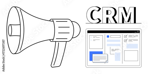 Megaphone near CRM text and a digital interface screen featuring text windows and checklists. Ideal for marketing, customer engagement, data management, teamwork, collaboration, sales strategy