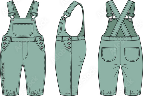Infant overalls with adjustable straps and front pocket, flat sketch technical drawing template for baby clothes design, vector illustration, front, side, and back views.