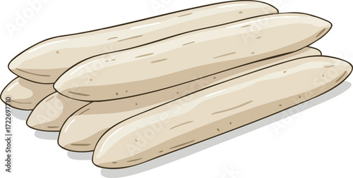 A stack of five elongated, pale, cylindrical food items, possibly breadsticks or rice cakes, arranged in a slightly offset pile.