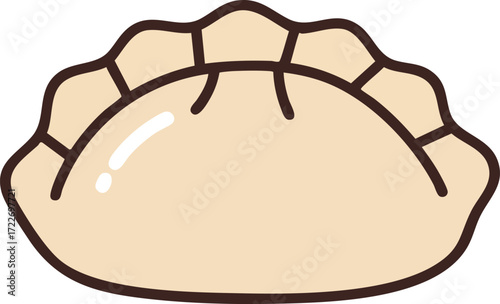 A simple cartoon illustration of a single, light brown dumpling with a crimped edge, resembling a gyoza or potsticker.