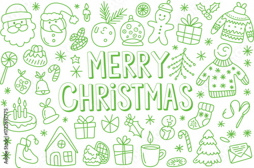 Whimsical green hand-drawn Christmas elements and festive greetings create a cheerful holiday pattern.