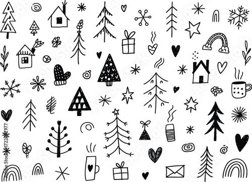 Whimsical hand-drawn Christmas icons and festive winter doodles