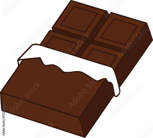 A partially unwrapped dark chocolate bar with four segments.