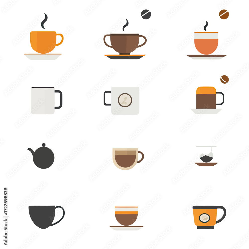 Fototapeta premium Set of twelve flat minimalist coffee and tea cup and pot icons with steam and coffee beans in various colors and styles on white background for beverage concept design
