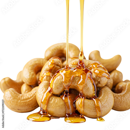 Indulgent cashews drenched in golden honey, a sweet and savory delight perfect for gourmet snacks and culinary inspiration