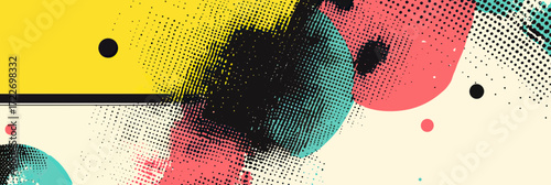 Abstract retro surreal halftone vector composition with colorful grunge shapes oval dots and stipple texture for modern graphic design background art