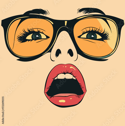 Close up surprised woman face with open mouth wearing large orange-tinted glasses pop art style vector illustration with bold lines and bright colors