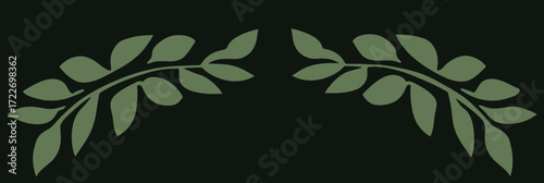 Minimalist flat icon of symmetrical laurel wreath branches with olive green leaves on dark background symbolizing victory and honor
