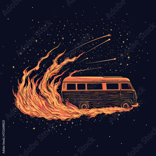 Retro surf van surrounded by dynamic flaming fire trail and shooting stars on dark starry space background vector illustration