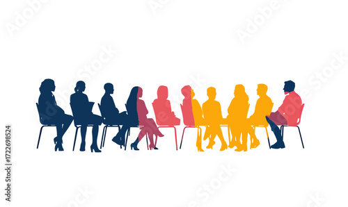Silhouettes of diverse group of people sitting in a row on chairs with colorful overlay in minimalist flat vector style on white background