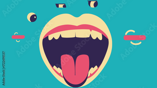 Flat minimalist vector illustration of animated wide open mouth with tongue and teeth on turquoise background for speech or communication concept design
