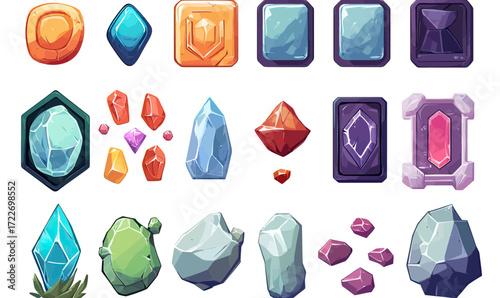 Cartoon fantasy game UI icons set with colorful magic crystals gems stones mystical elements flat vector illustration for interface design and gaming assets collection