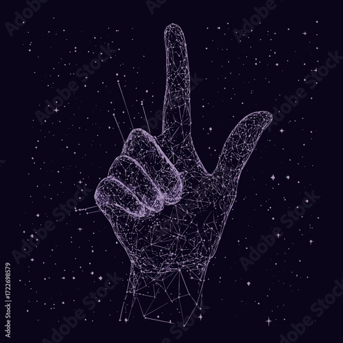 Abstract futuristic wireframe hand gesture pointing up in digital space with constellation style stars and glowing purple connections vector illustration
