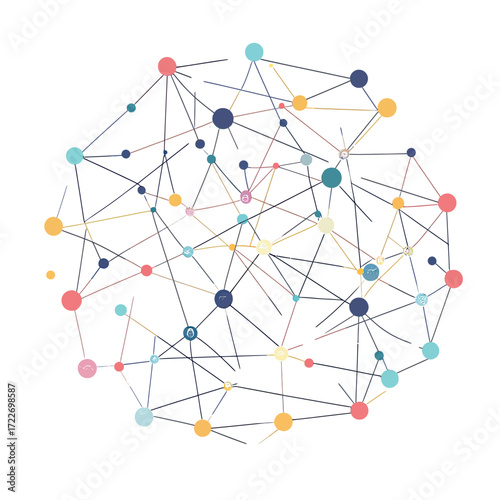 Abstract colorful network of interconnected nodes and lines forming a complex web structure in minimalist vector style on white background digital connection concept