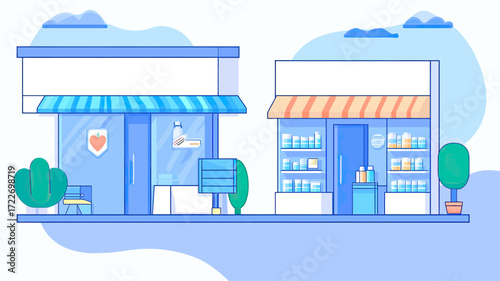 Minimalist flat vector illustration of two modern pharmacy storefronts with glass doors, medical symbols, product shelves, and exterior plants under clear sky