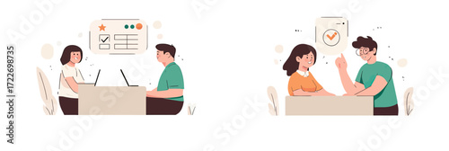 Customer feedback rating evaluation with happy client and helpdesk representative providing positive satisfaction review in flat vector style illustration