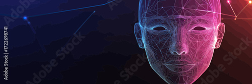 3D polygonal mesh face with glowing network lines abstract technology concept of facial recognition biometric security system in dark background