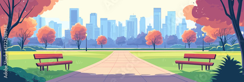 City park with paved walking path, benches, autumn trees, green grass field, and distant modern skyscraper skyline illustration in minimalist flat style