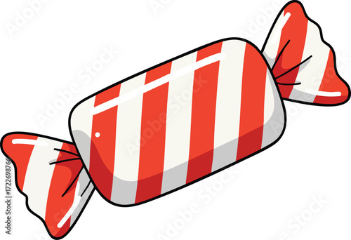 Cartoon illustration of a red and white striped candy wrapped in a red and white wrapper.