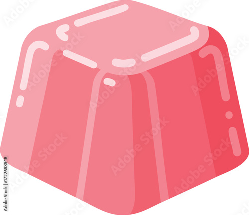 A pink gelatin dessert cube with rounded edges and glossy highlights.