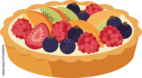 A colorful fruit tart with slices of peaches, kiwi, and various berries.