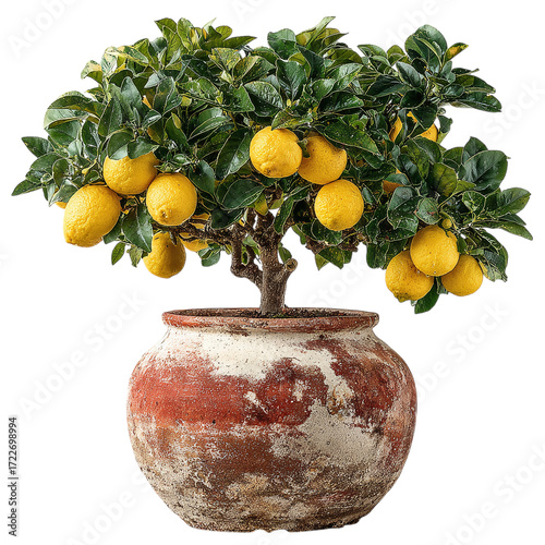 Outdoor potted lemon tree with small fruits visible among glossy leaves, large terracotta planter with weathered surface, isolated transparent background