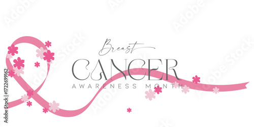 Breast Cancer Awareness Month: Pink Ribbon, Flowers, and Script on White Background