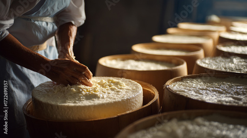 A person working on a wheel of cheese surrounded by wooden barrels filled with cheese curds
