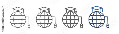 
outline icon set on line education with globe, mouse and toga hat design