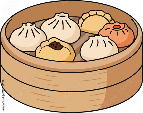 Steaming basket filled with various types of dumplings.