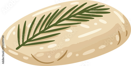 A single, oval-shaped loaf of bread with a sprig of rosemary placed on top.