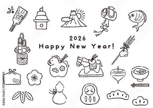 午年/お正月の縁起物のかわいい手描き線画セット