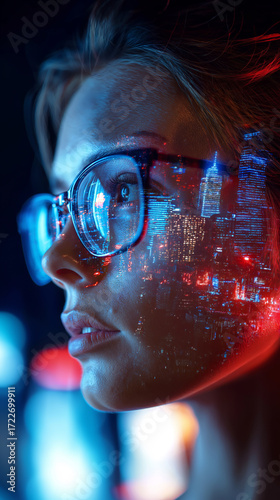 Wallpaper Mural Double exposure portrait of woman in glasses with futuristic city lights. 
 Torontodigital.ca