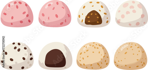 A collection of colorful Japanese mochi rice cakes with various fillings and toppings, presented as a vector illustration set.