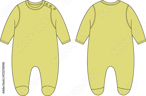 Infant unisex long sleeve footed romper flat sketch technical drawing template for baby boys and girls fashion clothes with buttons, vector illustration.
