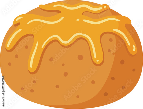 A close-up illustration of a golden-brown bun topped with a thick, glossy, bright orange glaze.