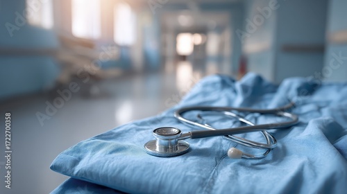 Stethoscope on Blue Scrubs in a Hospital Environment with Soft Light