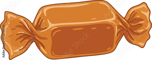 A caramel candy wrapped in a paper wrapper.